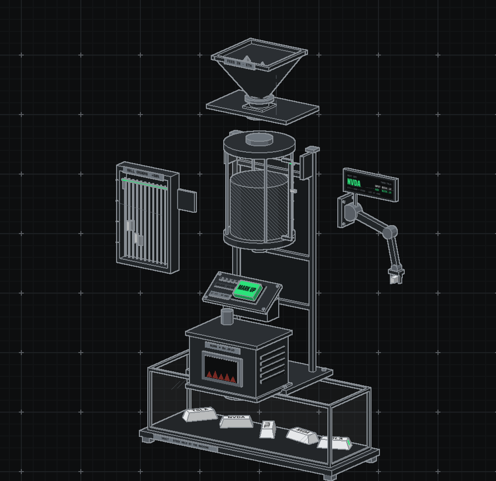 Technical drawing of the Markup Machine: fee hopper on top, pot tank, buy arm with a ticker display, listing rack, burn furnace, and a glass vault of stock ingots below.